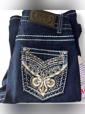 Dark Blue Boot Cut Jeans with Embellished Pocket